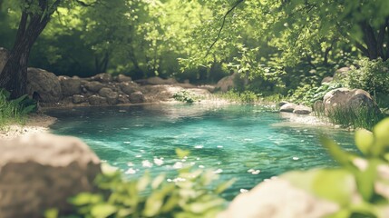 Poster - A serene scene at a natural spring, its clear turquoise water surrounded by lush greenery