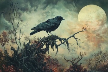 Wall Mural - A black bird sits on a tree branch, looking out at the viewer