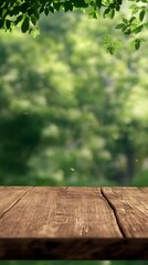 Wall Mural - Wooden Tabletop Against A Lush Green Foliage Background