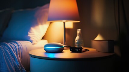 Poster - a smart home assistant speaker placed on a nightstand, providing weather updates and setting reminde