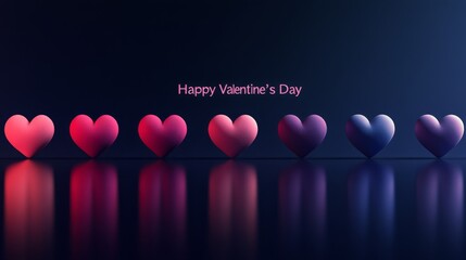 Poster - Seven heart shapes in various shades of pink and blue are arranged in a straight line against a dark background, reflecting light beautifully while conveying a warm Valentine's Day message.