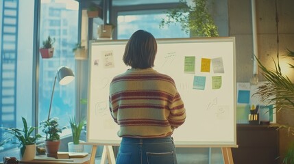 Poster - a startup founder brainstorming ideas on a whiteboard in a minimalist studio