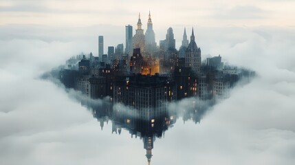 Poster - A surreal dimension where cities are built upside down, floating in mid-air above endless expanses of glowing mist and shimmering portals