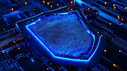 Poster - futuristic blue shield on circuit board background representing cybersecurity and protection concept