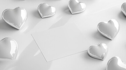Fototapete - A variety of glossy white hearts are arranged around a blank card set on a bright, smooth surface. The design creates a romantic and elegant atmosphere suitable for special occasions or celebrations.