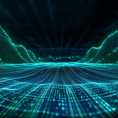 Poster - futuristic data visualization with waves of light representing digital landscape and depth in 3d