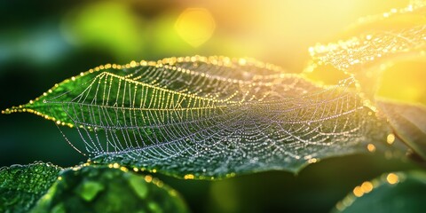 Spider web glistening on a green leaf after rain in the morning, showcasing the delicate beauty of nature s craftsmanship in the refreshing atmosphere of a morning dew.