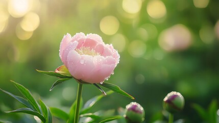 Poster - A single pink peony with morning dew on its petals, close-up shot, Morning tranquility style