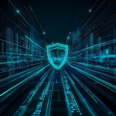 Poster - Futuristic digital security concept with glowing shield and abstract data stream in dark space