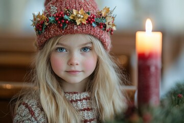 A young girl wearing a cozy knitted hat stands beside a lit candle, creating a warm and inviting atmosphere