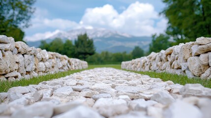 Canvas Print - Stone path leading to mountain view.