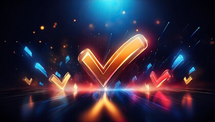 Poster - A vibrant, glowing checkmark is surrounded by colorful sparks and light effects, conveying a sense of approval and positivity.