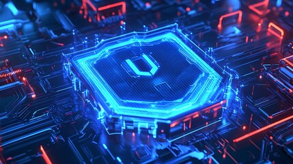 Poster - futuristic microprocessor circuit board with neon blue and red lights glowing on a digital backgroun