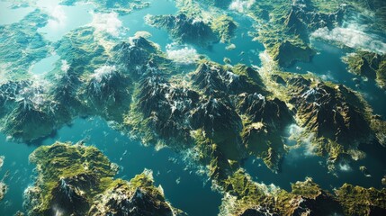 Poster - An overhead view of a continent experiencing a crustal imbalance, where mountains rise and valleys form as tectonic plates push against each other