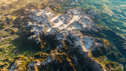Poster - An overhead view of a continent experiencing a crustal imbalance, where mountains rise and valleys form as tectonic plates push against each other