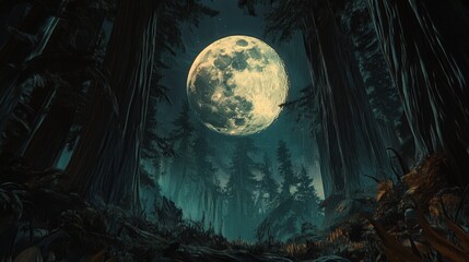 Wall Mural - full moon framed by the silhouettes of tall, ancient trees in a dense forest, creating an atmosphere