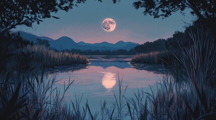 Wall Mural - full moon reflected in a quiet river, framed by tall grasses and the faint outline of distant mounta