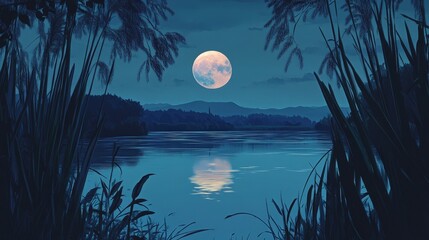 Wall Mural - full moon reflected in a quiet river, framed by tall grasses and the faint outline of distant mounta