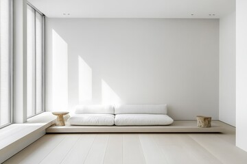 Poster - An elegant and modern living room featuring minimalist floor seating invites abundant natural light through expansive windows, presenting a serene and open atmosphere.