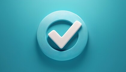 Poster - A stylized checkmark inside a circular outline, set against a vibrant turquoise background, symbolizing approval and completion.