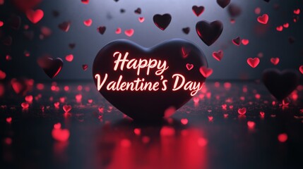Poster - A vibrant display of hearts floats around a central heart, glowing with the message of love for Valentine's Day. The dark background enhances the festive atmosphere, inviting celebration.