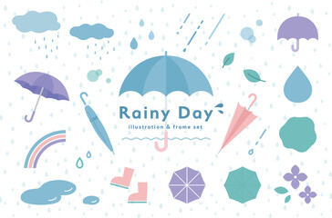 雨の日と梅雨のイラストとフレームのセット　傘　あしらい　飾り　装飾　雨の日　レイングッズ　天気　雨雲