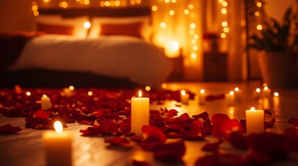 Poster - Soft candlelight illuminates a bedroom adorned with scattered rose petals, creating an intimate and romantic vibe. String lights twinkle in the background, enhancing the warm ambiance.
