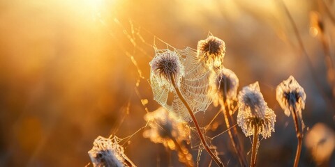 Sunlight illuminates spider webs on a weed plant, creating a stunning display where delicate spider webs glisten in the fading light of day, showcasing nature s intricate beauty.