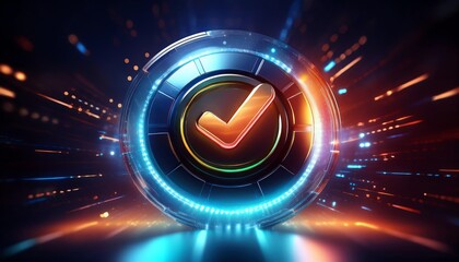 Poster - A glowing checkmark within a futuristic circular design, radiating vibrant colors against a dark background, symbolizing approval or success.