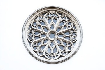 Aufkleber - A captivating black and white image of an intricate circular window design against a light backdrop, highlighting its artistic and historical elements in detail.