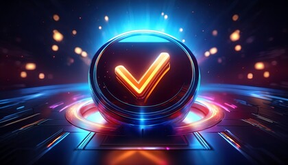 Poster - A vibrant digital sphere with a glowing checkmark, surrounded by futuristic lights and patterns, symbolizing verification and success.