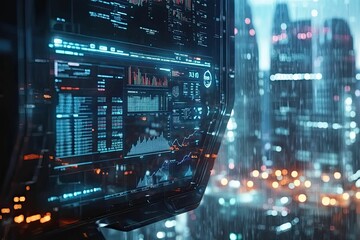 Futuristic screen displays data; city night blurred background.