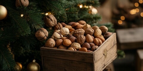 A box filled with assorted nuts sits within the trimmed tree, showcasing the beauty of nature and the delightful mix of nut varieties contained in the box beside the tree.