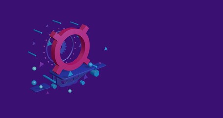Poster - Pink currency sign on a pedestal of abstract geometric shapes floating in the air. Abstract concept art with flying shapes on the left. 3d illustration on deep purple background
