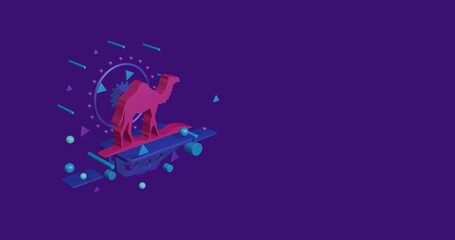 Poster - Pink wild camel symbol on a pedestal of abstract geometric shapes floating in the air. Abstract concept art with flying shapes on the left. 3d illustration on deep purple background