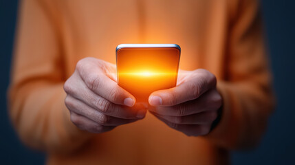 Poster - close up of person hands holding glowing smartphone, showcasing modern technology and innovation