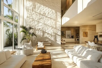 Poster - A bright and spacious living room with high ceilings, floor-to-ceiling windows, minimalist furnishings, and abundant natural light creating a lively atmosphere.