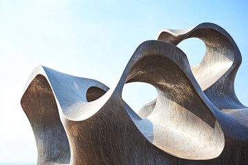 Poster - This image depicts a metallic abstract art sculpture with dynamic curves, presenting an interplay of light and shadow, exuding modern elegance and fluidity.
