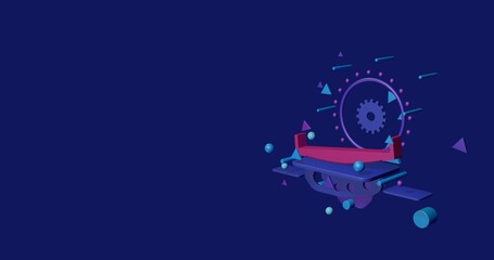 Poster - Pink two-handed saw on a pedestal of abstract geometric shapes floating in the air. Abstract concept art with flying shapes on the right. 3d illustration on indigo background