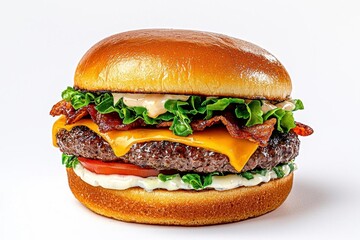 Wall Mural - a photostock of a gourmet cheeseburger with crispy fries, isolated on a clean white background, rich
