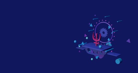 Poster - Pink astrological neptune symbol on a pedestal of abstract geometric shapes floating in the air. Abstract concept art with flying shapes on the right. 3d illustration on indigo background