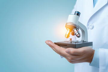 Poster - specialist hand holds microscope, symbolizing scientific exploration and discovery. glowing lens add