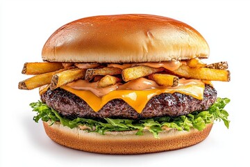 Wall Mural - a photostock of a gourmet cheeseburger with crispy fries, isolated on a clean white background, rich