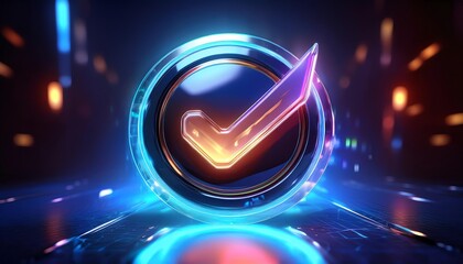 Poster - A glowing checkmark symbol inside a circular frame, radiating vibrant colors and light effects, set against a dark background.