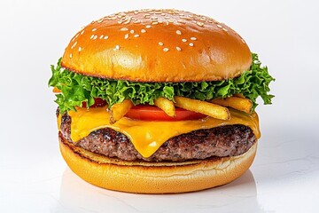 Wall Mural - a photostock of a gourmet cheeseburger with crispy fries, isolated on a clean white background, rich