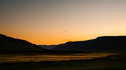 Wall Mural - stunning crescent moon sets against a tranquil landscape at dusk near mountainous terrain