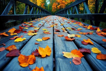 Poster - A pathway covered in orange and yellow leaves crosses a rustic bridge set against a backdrop of vibrant fall hues, invoking the essence of change and transition.