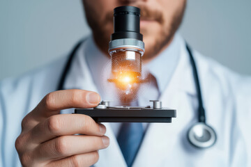 Poster - specialist in lab coat holds microscope with glowing orb, symbolizing innovation and discovery in sc