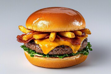 Wall Mural - a photostock of a gourmet cheeseburger with crispy fries, isolated on a clean white background, rich