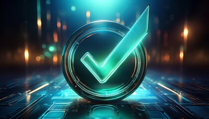 Poster - A glowing checkmark icon on a stylized digital background, symbolizing approval, verification, or confirmation in a futuristic setting.